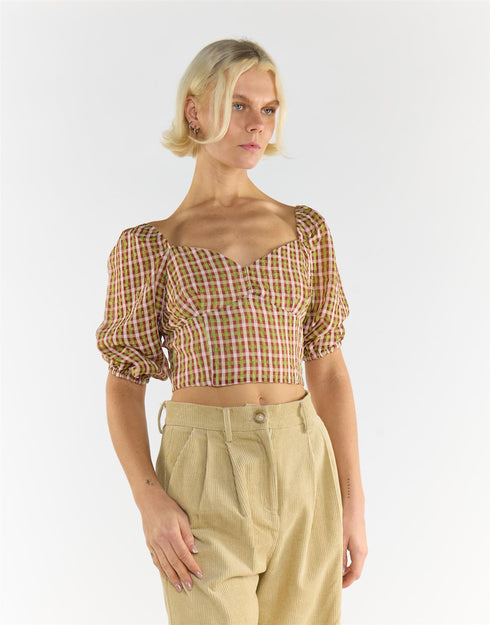 Sweetheart short sleeve Crop Top in Red Green Multi Check