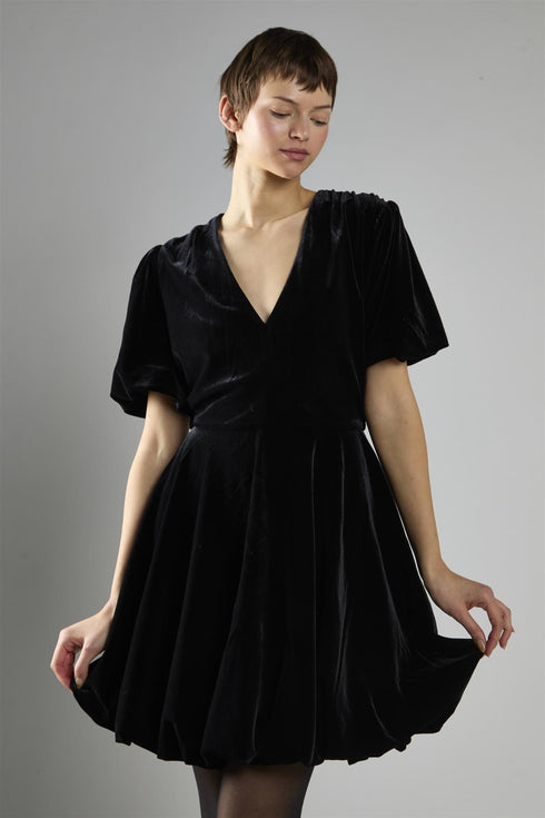 Black Velvet Short Sleeve Skater Mini Dress