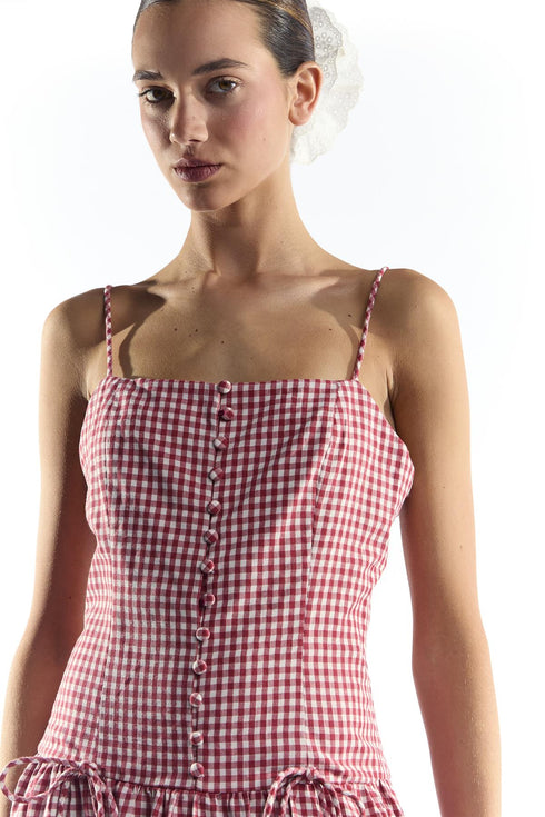 Red Gingham Button Through Dropped Waist Midi Dress