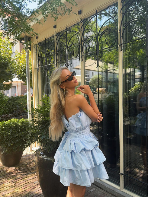 Light Blue Tiered Pleated Mini-Dress