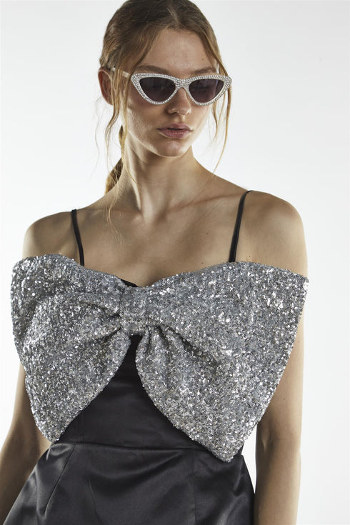 Black Silver Sequin Bow Mini-Dress