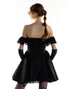 Black Off-The-Shoulder Lace Trim Ruffle Mini Dress