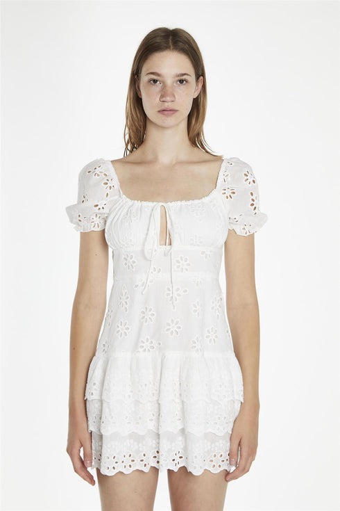 Tie Front Mini Dress - White Broderie