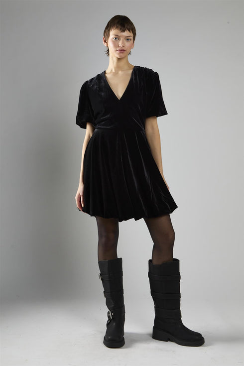 Black Velvet Short Sleeve Skater Mini Dress