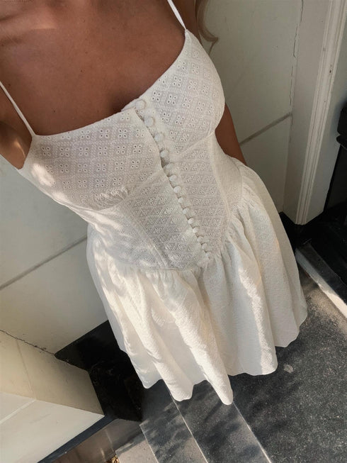 White Broderie Pleated Maxi-Dress