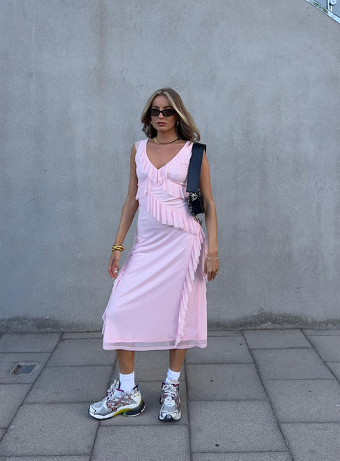 Khloe Ruffle Midaxi Dress - Pale-Pink