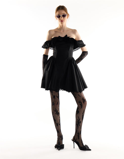 Black Off-The-Shoulder Lace Trim Ruffle Mini Dress
