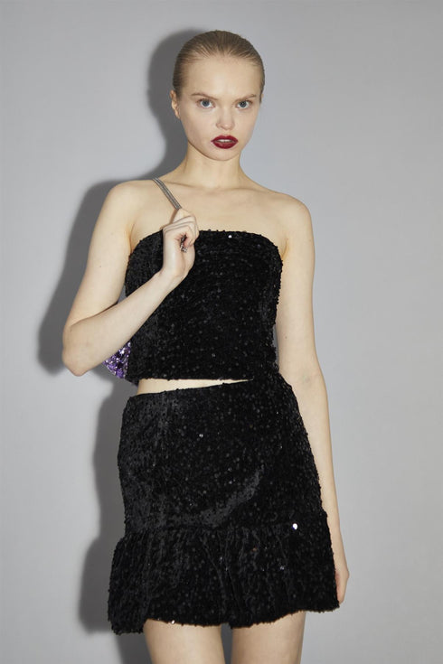Black Velvet-Sequin Puffball Mini-Skirt