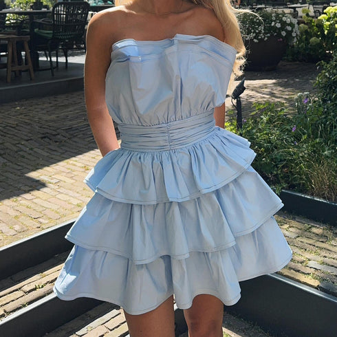 Light Blue Tiered Pleated Mini-Dress