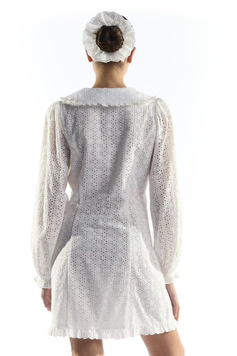 White Button Through Mini Dress with Volume Sleeve