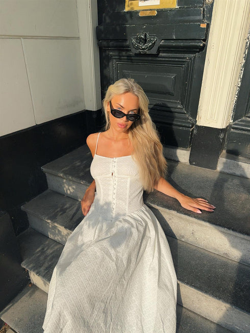 White Broderie Pleated Maxi-Dress