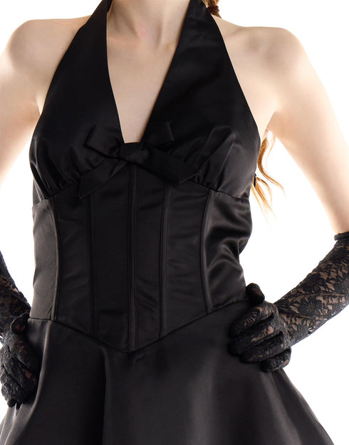 Black Halter Corset Back Bow Mini Dress