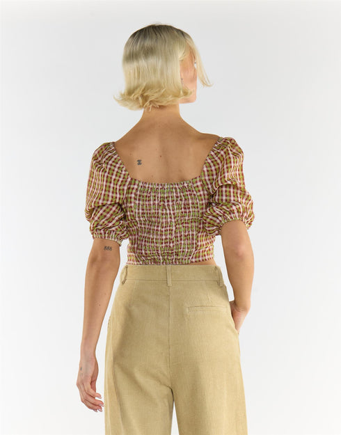 Sweetheart short sleeve Crop Top in Red Green Multi Check