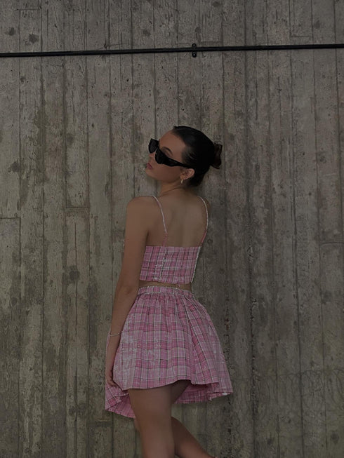 Petite Cher Co-ord Diamante Trim Skater Mini Skirt - Pink Check Sequin