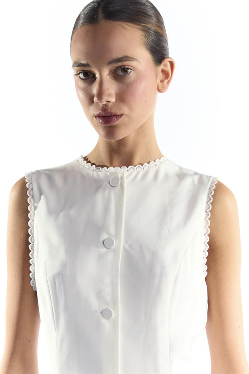 White Sleeveless Mini Shift Dress with Trim