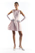 Pink Floral Brocade Collared Mini Dress with Dropped Waist