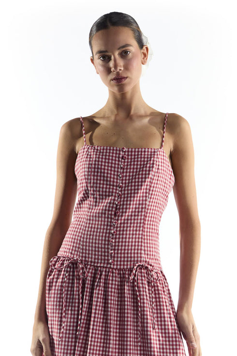 Red Gingham Button Through Dropped Waist Midi Dress