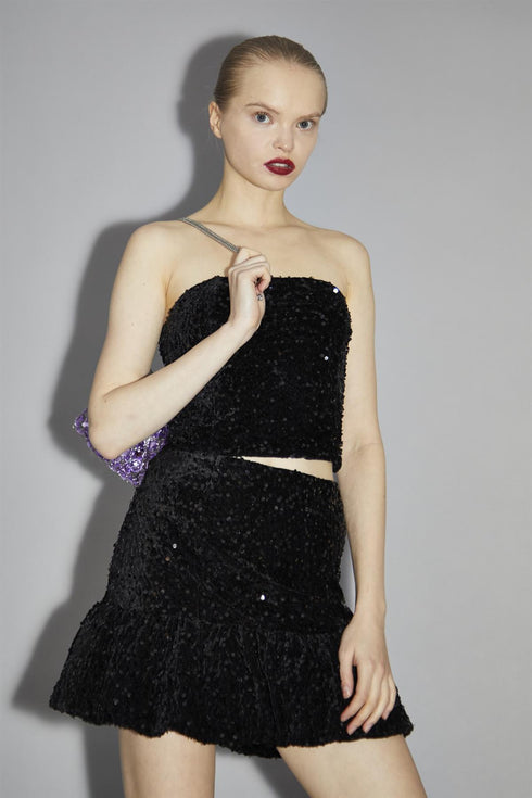 Black Velvet-Sequin Bandeau Crop-Top