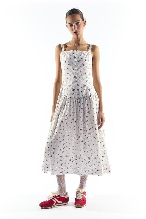 Dropped Waist Midi Dress with Trim in White Floral Colour