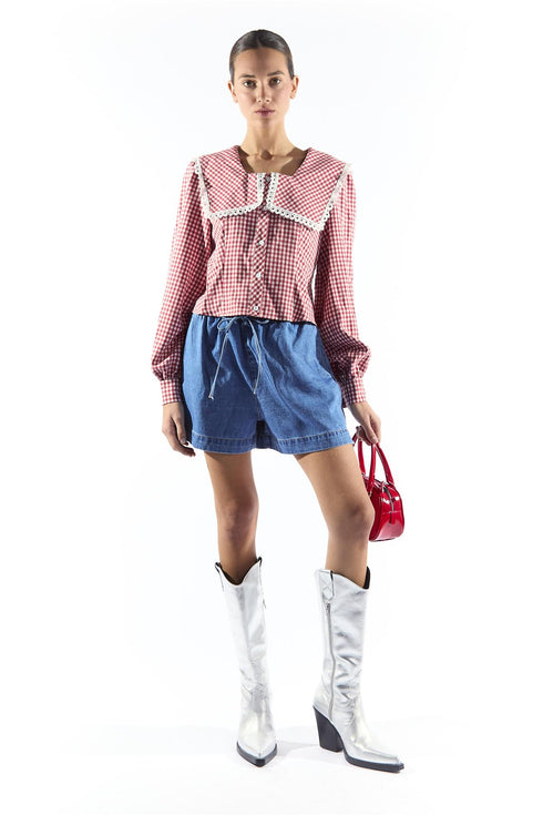 Red Gingham Blouse with Oversized Collar and Trim