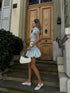 White Teal-Blue Ditsy Tulip Mini-Skirt