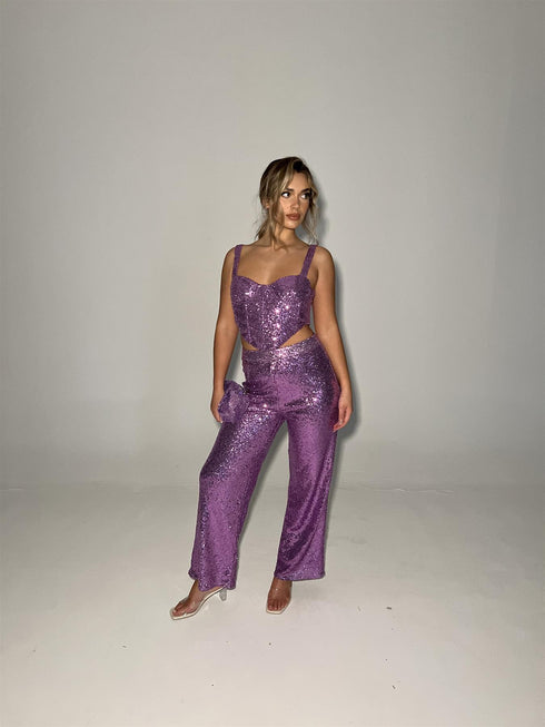 Orchid-Pink Sequin Wide-Leg Trousers