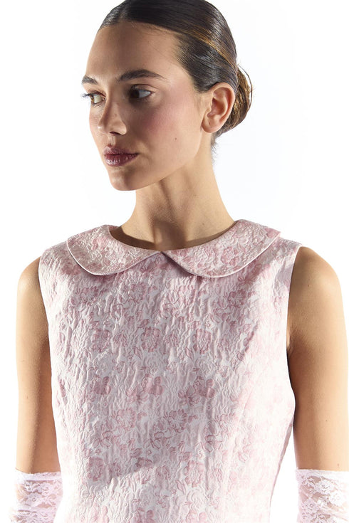 Pink Floral Brocade Collared Mini Dress with Dropped Waist