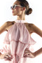 Pink Metallic Halter Neck Tiered Ruffle Dress