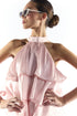 Pink Metallic Halter Neck Tiered Ruffle Dress