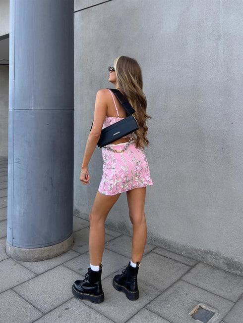 Brianna Co-ord Corset-Crop Top - Cream-Pink Embroidery