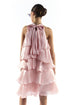 Pink Metallic Halter Neck Tiered Ruffle Dress