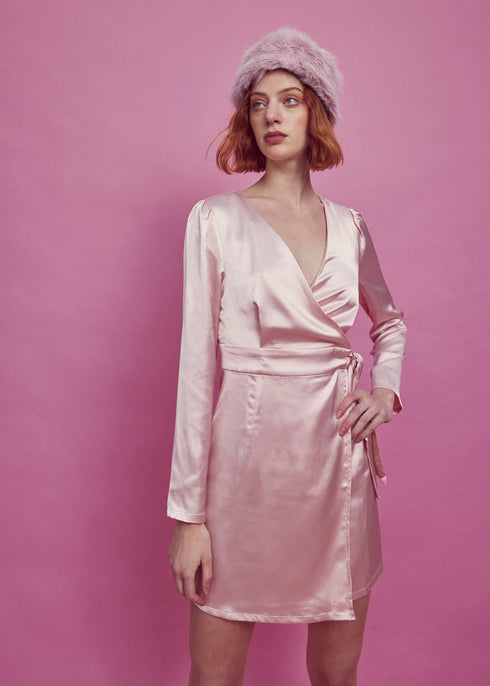 Sarah Wrap Mini Dress - Pale Pink Satin
