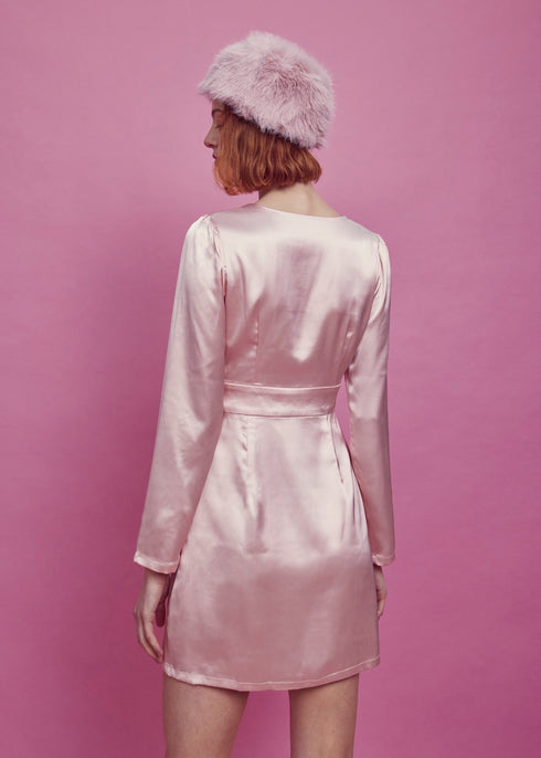 Sarah Wrap Mini Dress - Pale Pink Satin