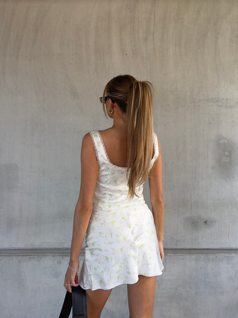 Cassidy Co-ord Wrap Mini-Skirt - Green-Pink Stem Floral