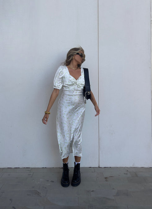 Felicity Twist Front Midaxi Dress - Green-Pink Stem Floral