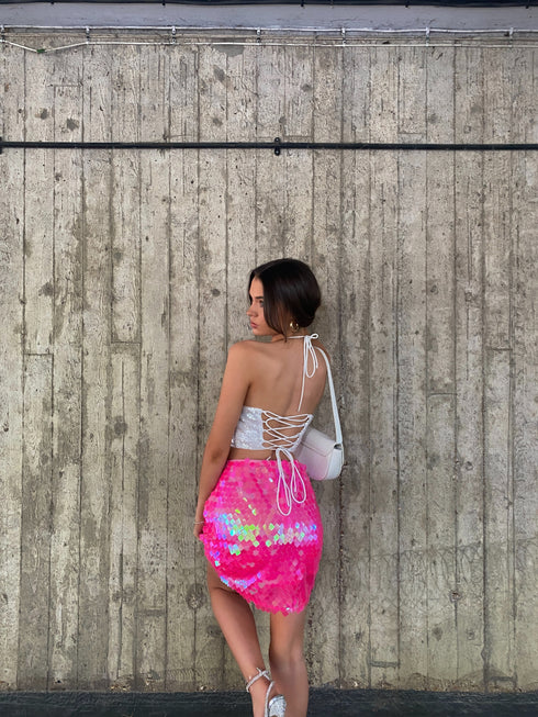 Kate Halterneck Crop Top - Silver Sequin