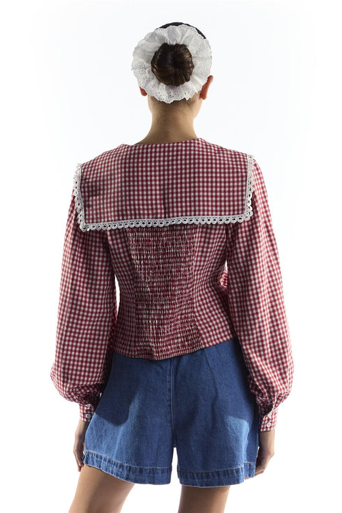 Red Gingham Blouse with Oversized Collar and Trim