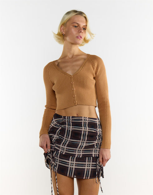 Mahogany Brown Check Ruffle Mini Skirt
