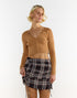 Mahogany Brown Check Ruffle Mini Skirt