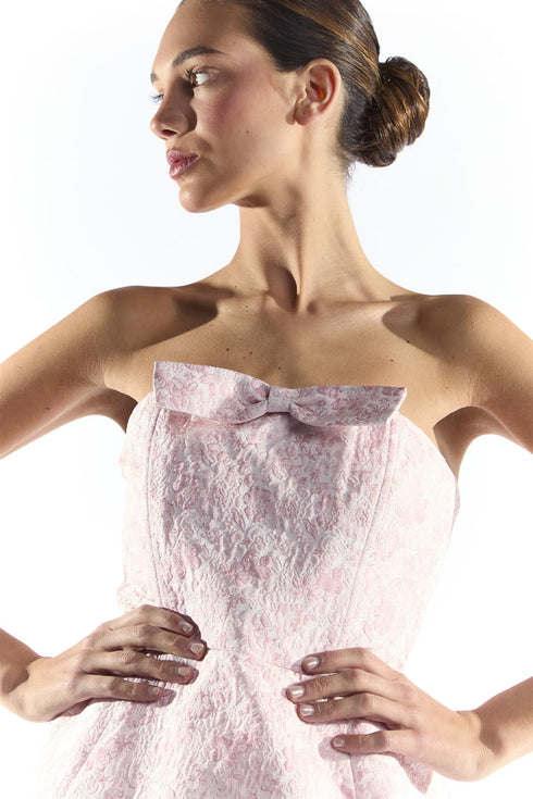 Pink Floral Brocade Bandeau Mini Dress