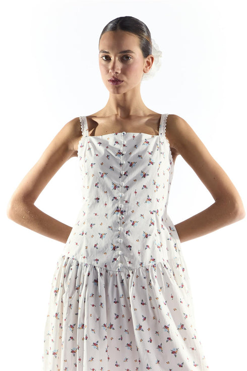 Dropped Waist Midi Dress with Trim in White Floral Colour