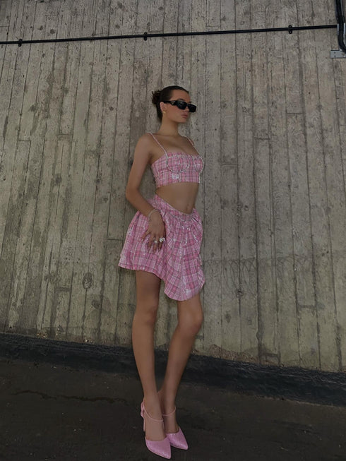 Petite Cher Co-ord Diamante Trim Skater Mini Skirt - Pink Check Sequin