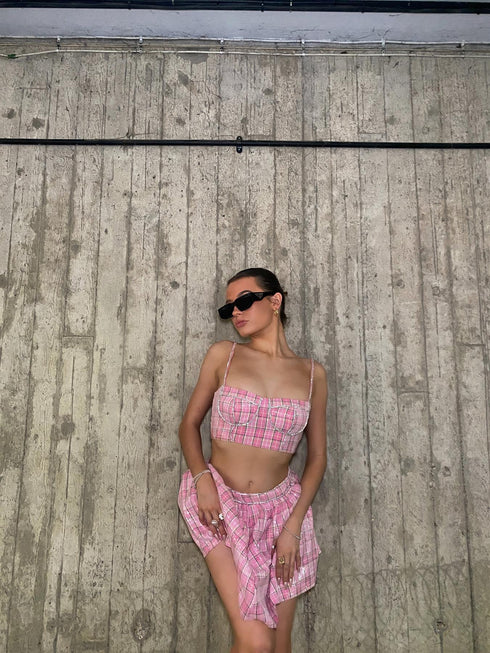 Petite Cher Co-ord Diamante Trim Crop Top - Pink Check Sequin