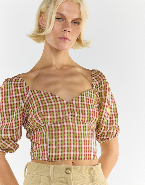 Sweetheart short sleeve Crop Top in Red Green Multi Check