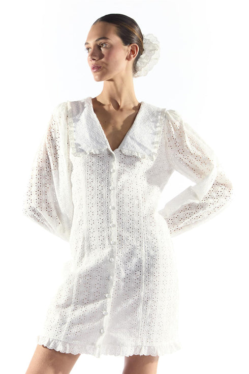 White Button Through Mini Dress with Volume Sleeve