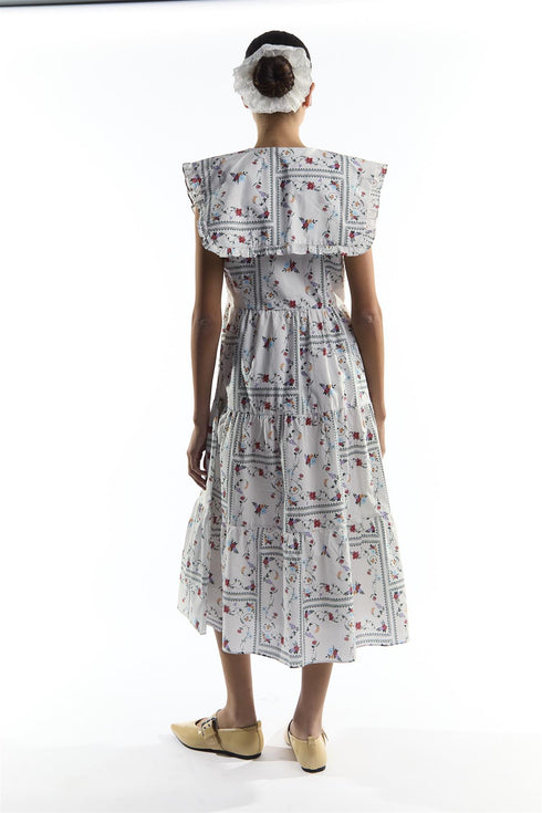 White Picnic Print Oversized Collar Tiered Midi Dress