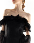 Black Off-The-Shoulder Lace Trim Ruffle Mini Dress