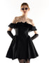 Black Off-The-Shoulder Lace Trim Ruffle Mini Dress