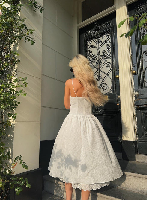 White Broderie Pleated Maxi-Dress