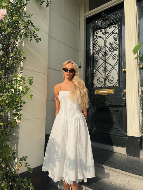 White Broderie Pleated Maxi-Dress